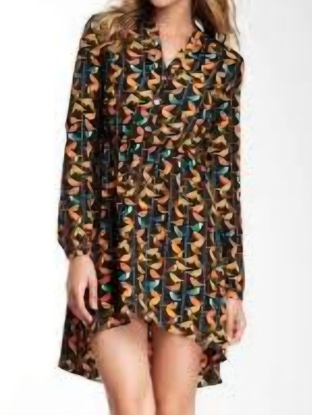 Women's Long-Sleeve Bird Print Dress - Black with Orange & Teal